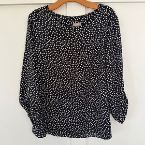 Chico's Women's Blouse Blue White Polka Dot Roll Tab Sleeve Scoop Neck 2 Large